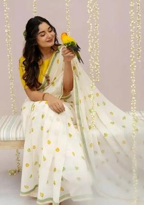 White Printed Cotton Saree Set