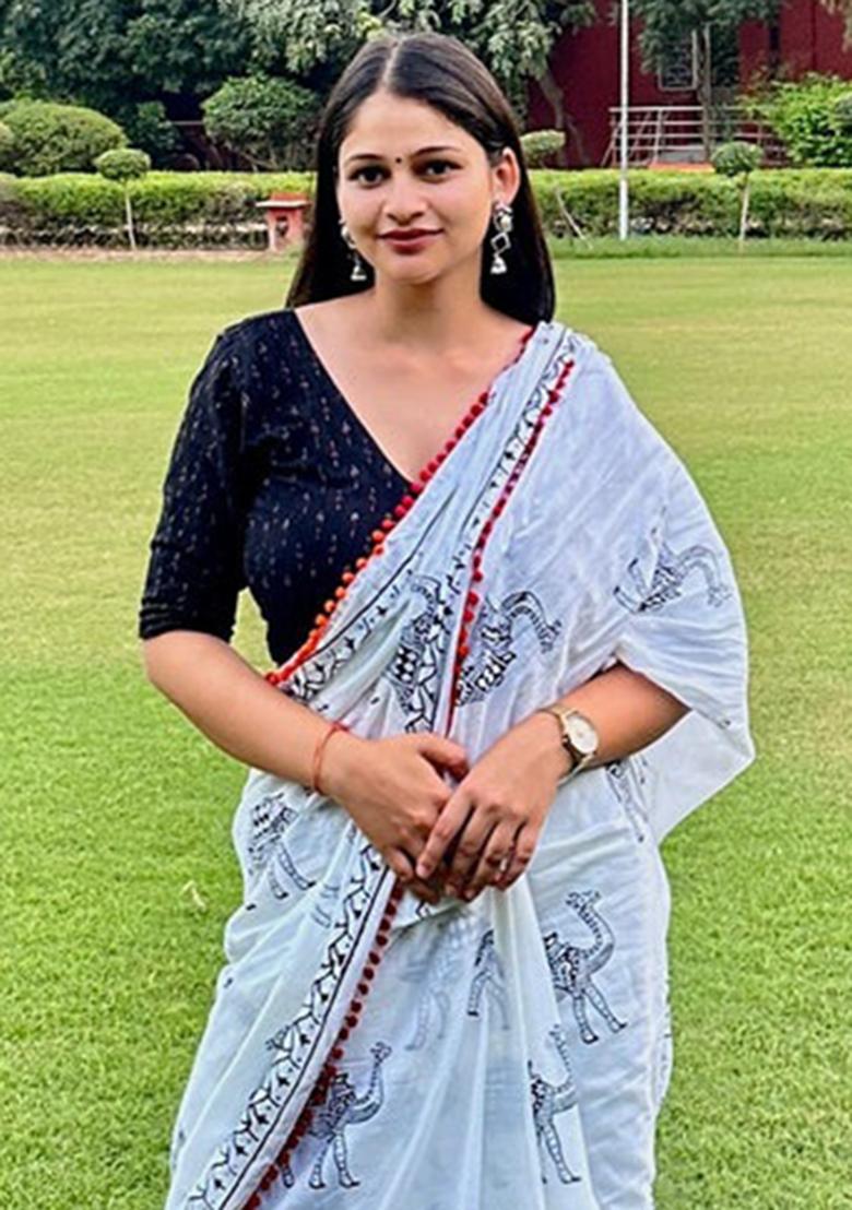 White Printed Cotton Saree Set - Indya