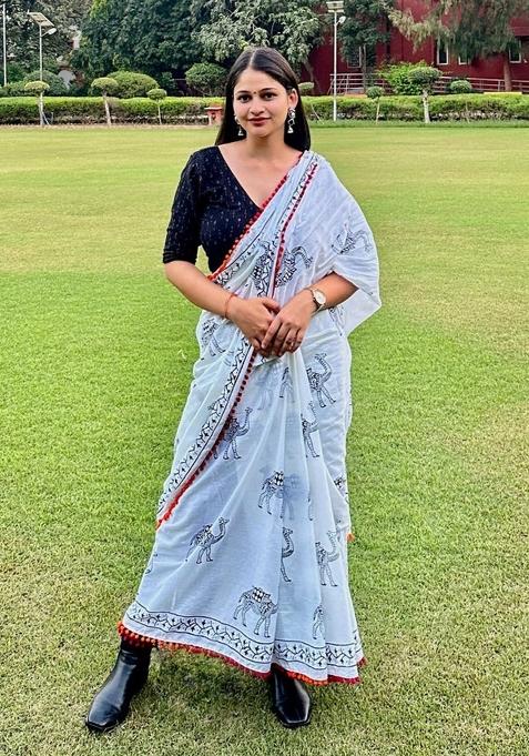 White Printed Cotton Saree Set