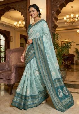 Light Blue Printed Silk Saree Set