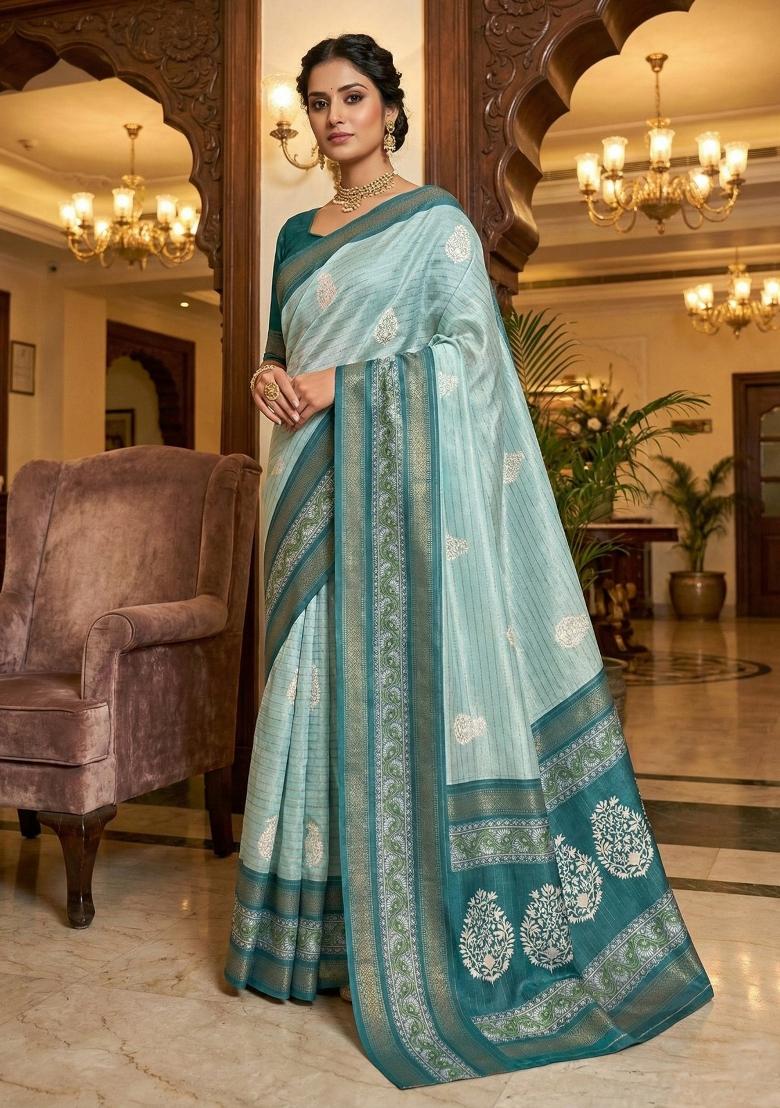 Light Blue Printed Silk Saree Set - Indya