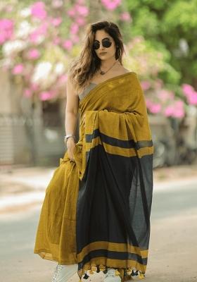 Mustard Solid Cotton Saree Set