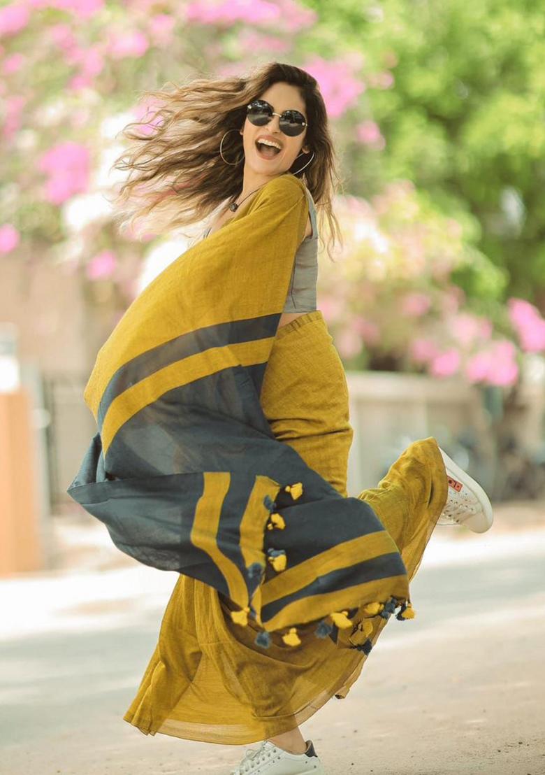 Mustard Solid Cotton Saree Set - Indya