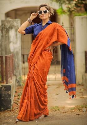 Orange Solid Cotton Saree Set