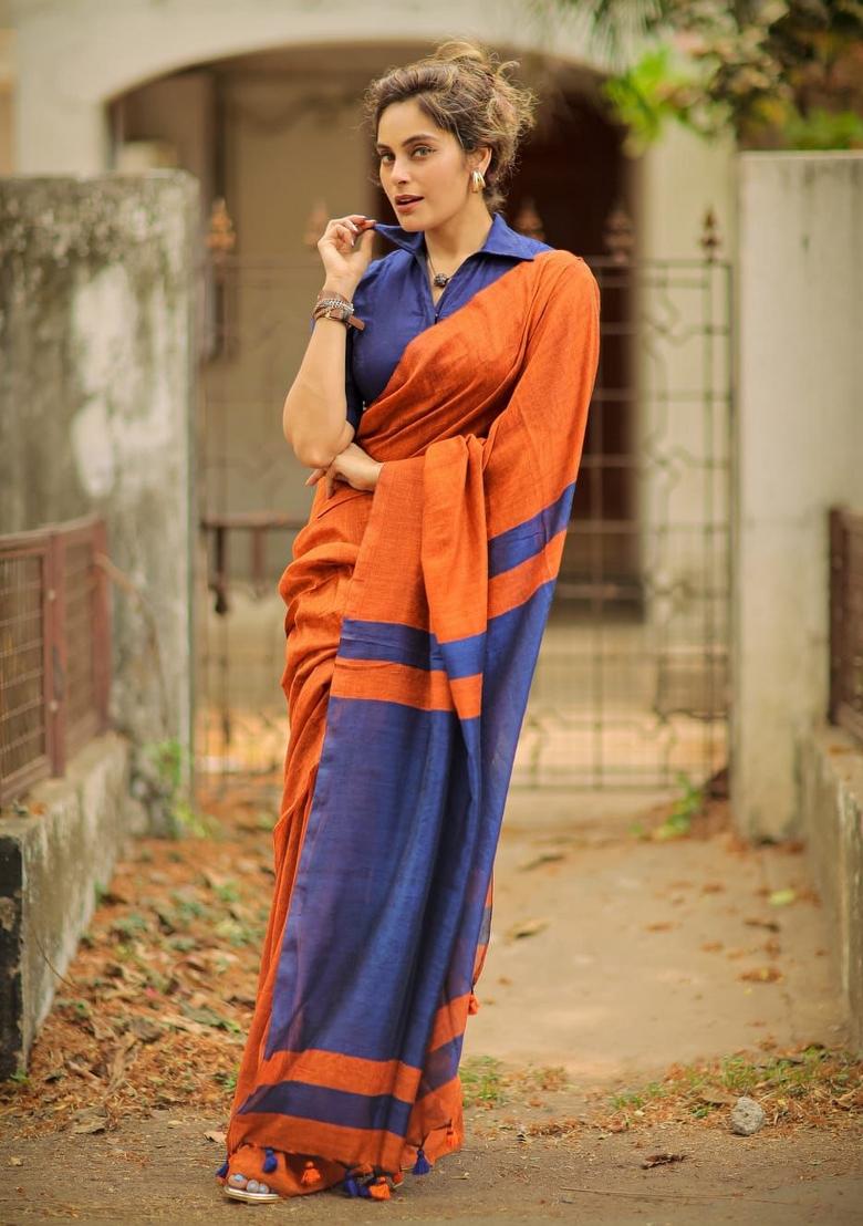 Orange Solid Cotton Saree Set - Indya