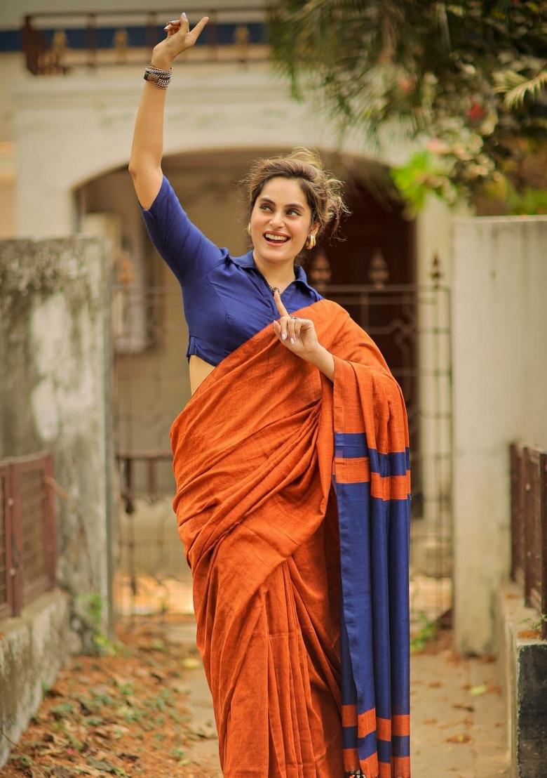 Orange Solid Cotton Saree Set - Indya