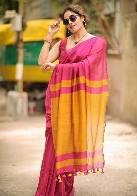 Pink Solid Cotton Saree Set