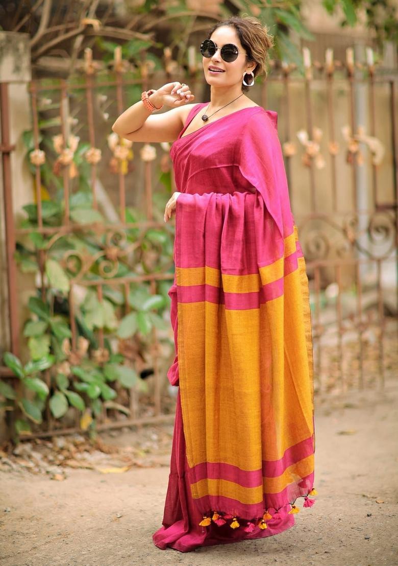 Pink Solid Cotton Saree Set - Indya