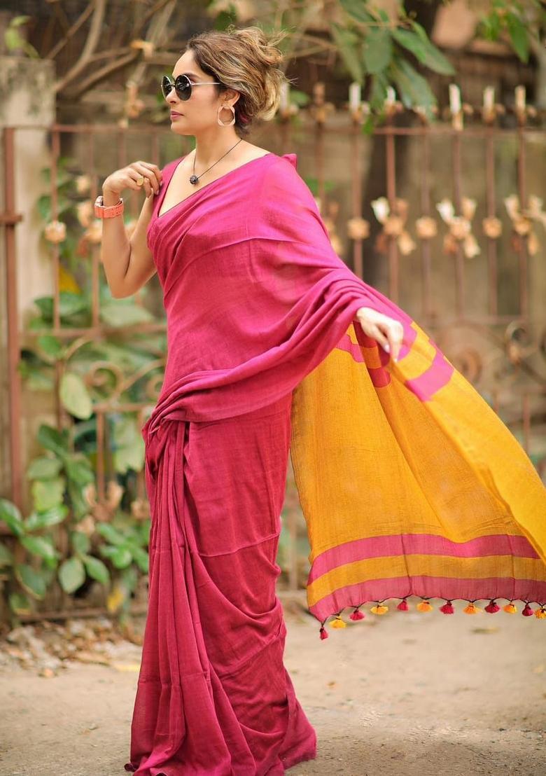 Pink Solid Cotton Saree Set - Indya