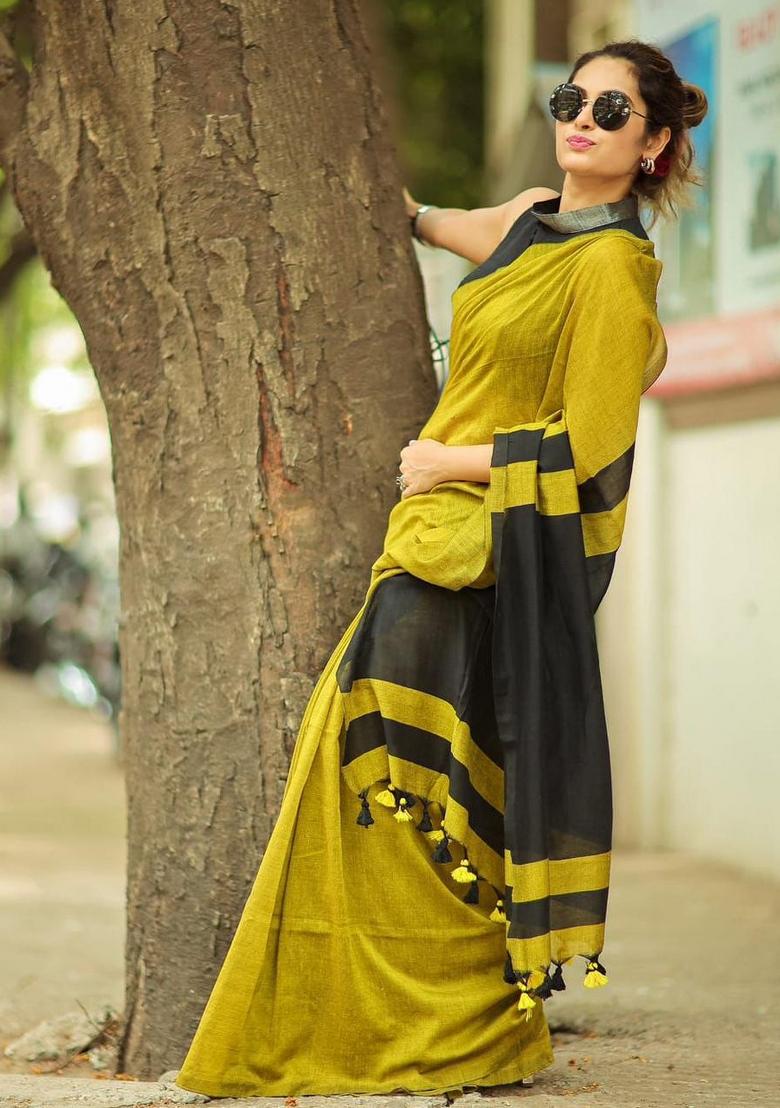 Yellow Solid Cotton Saree Set - Indya