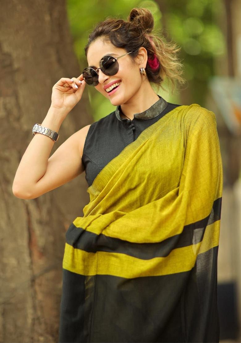 Yellow Solid Cotton Saree Set - Indya