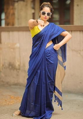 Blue Solid Cotton Saree Set