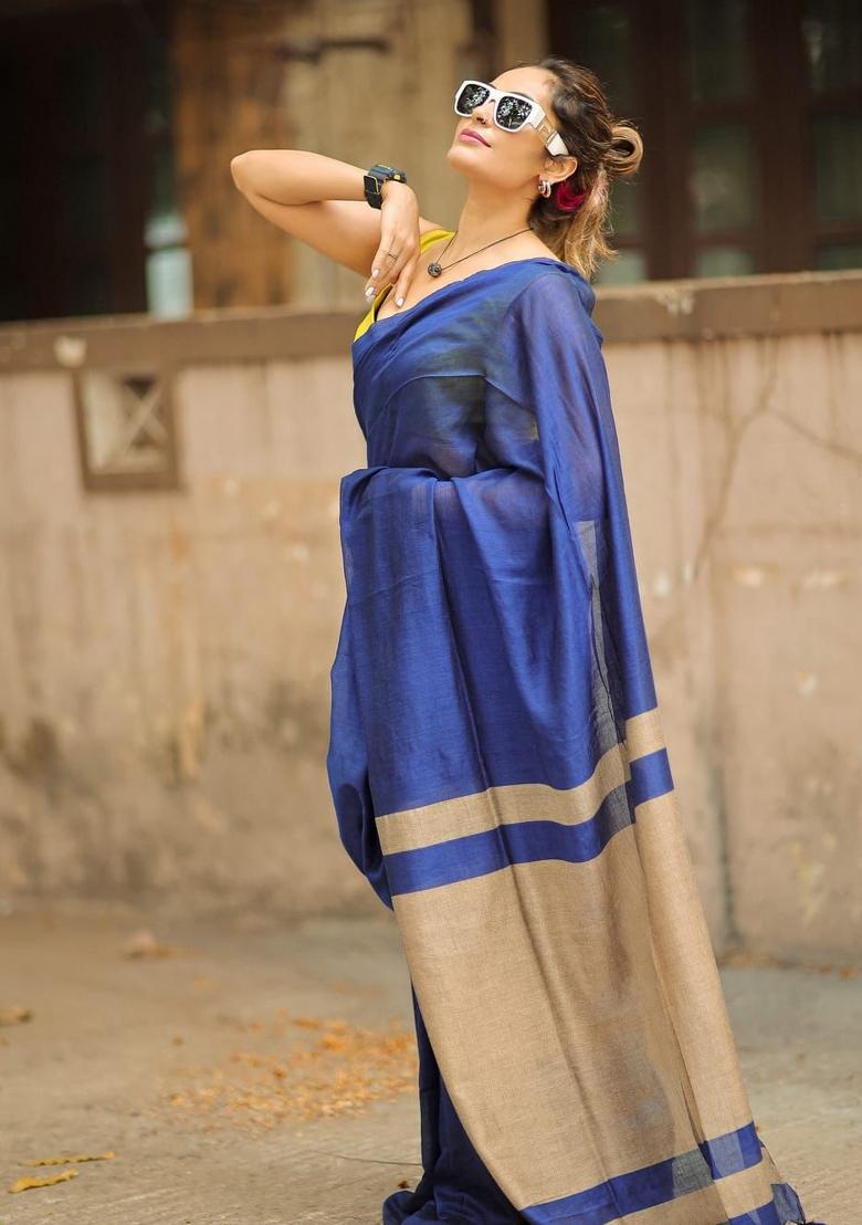 Blue Solid Cotton Saree Set - Indya