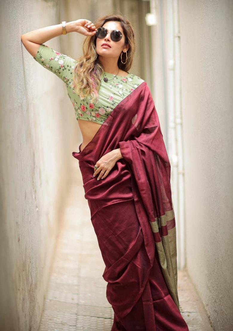 Maroon Solid Cotton Saree Set - Indya
