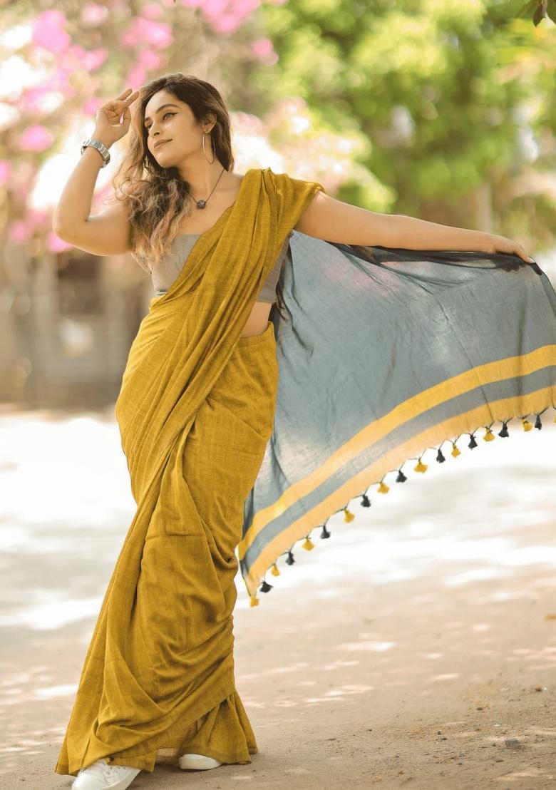 Mustard Solid Cotton Saree Set - Indya