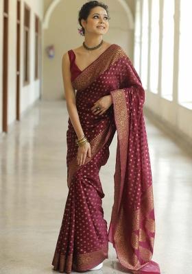Wine Zari Work Silk Saree Set