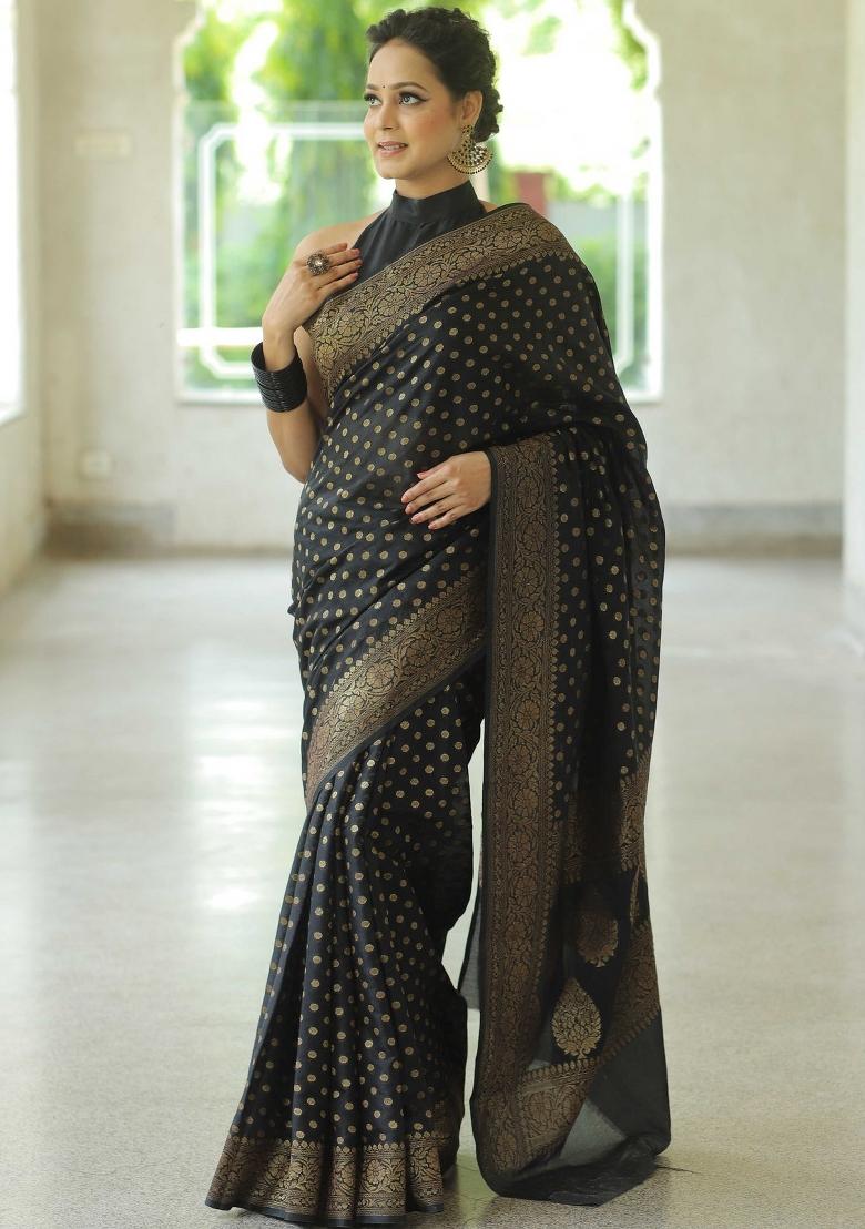 Black Zari Work Silk Saree Set - Indya