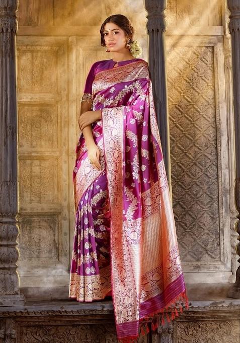Pink Zari Work Silk Blend Saree Set