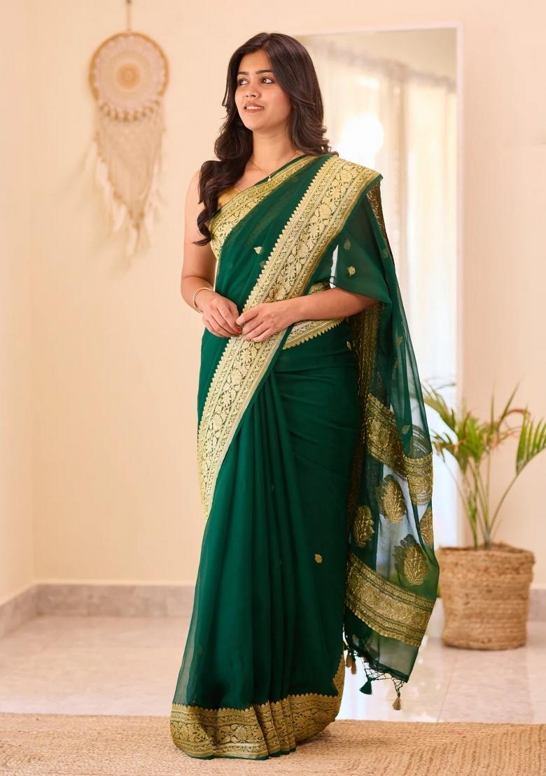Green Jacquard Linen Saree Set - Indya