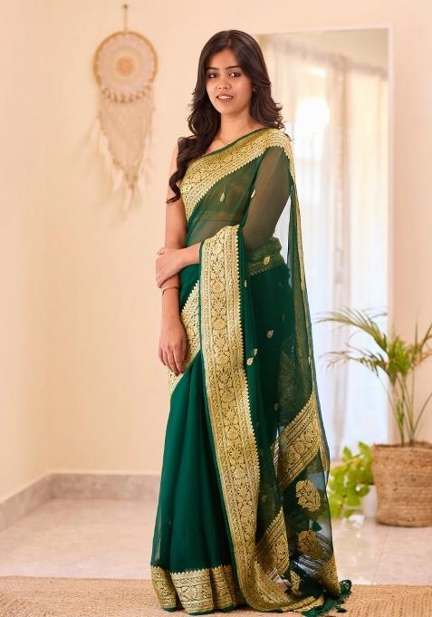 Green Jacquard Linen Saree Set