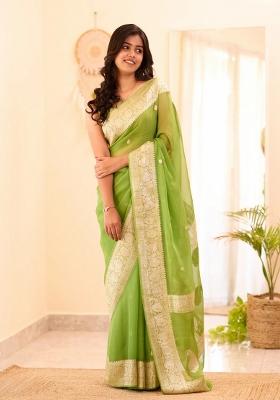 Light Green Jacquard Linen Saree Set