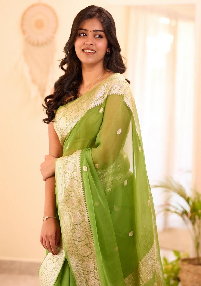 Light Green Jacquard Linen Saree Set - Indya