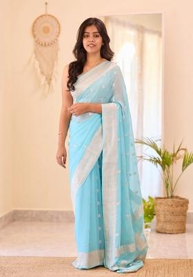Light Blue Jacquard Linen Saree Set