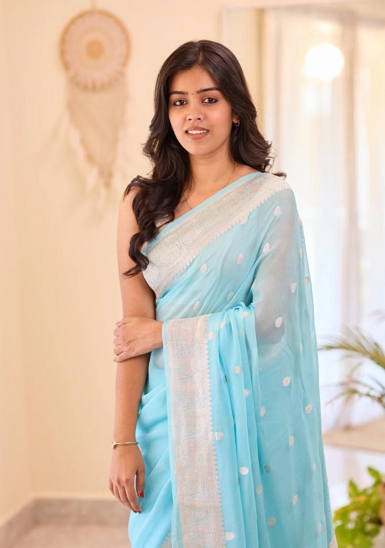 Light Blue Jacquard Linen Saree Set - Indya