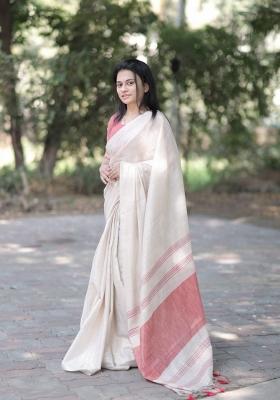 Cream Solid Linen Saree Set