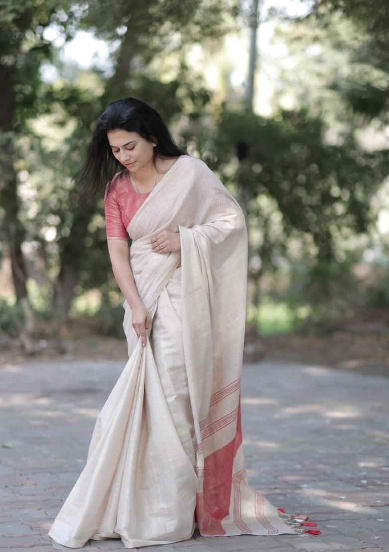 Cream Solid Linen Saree Set - Indya
