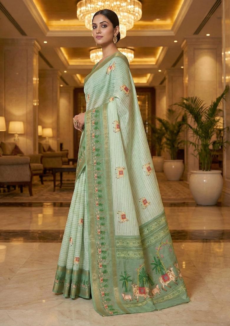 Off White Printed Silk Saree Set - Indya