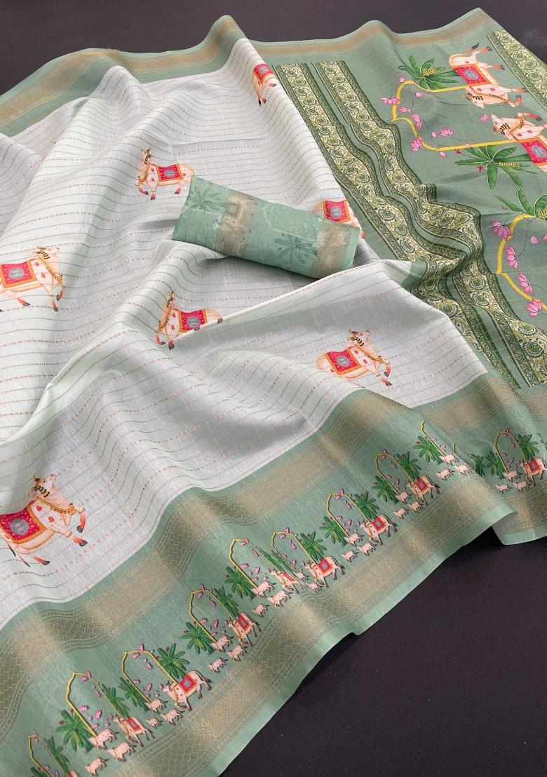 Off White Printed Silk Saree Set - Indya