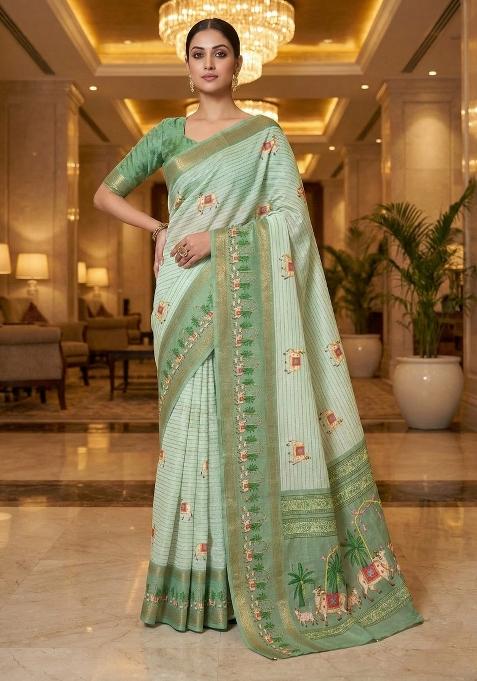 Off White Printed Silk Blend Saree Set
