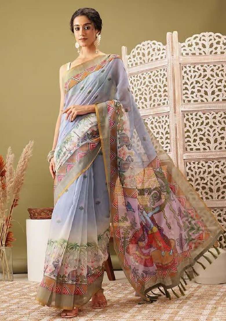 Grey Linen Saree Set with Printed for Diwali | Wedding & Festive Wear - Indya