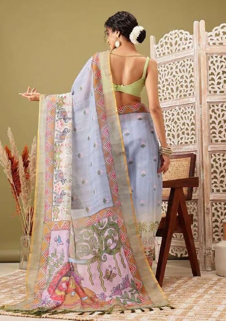 Grey Linen Saree Set with Printed for Diwali | Wedding & Festive Wear - Indya