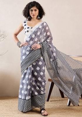 Grey Printed Linen Saree Set