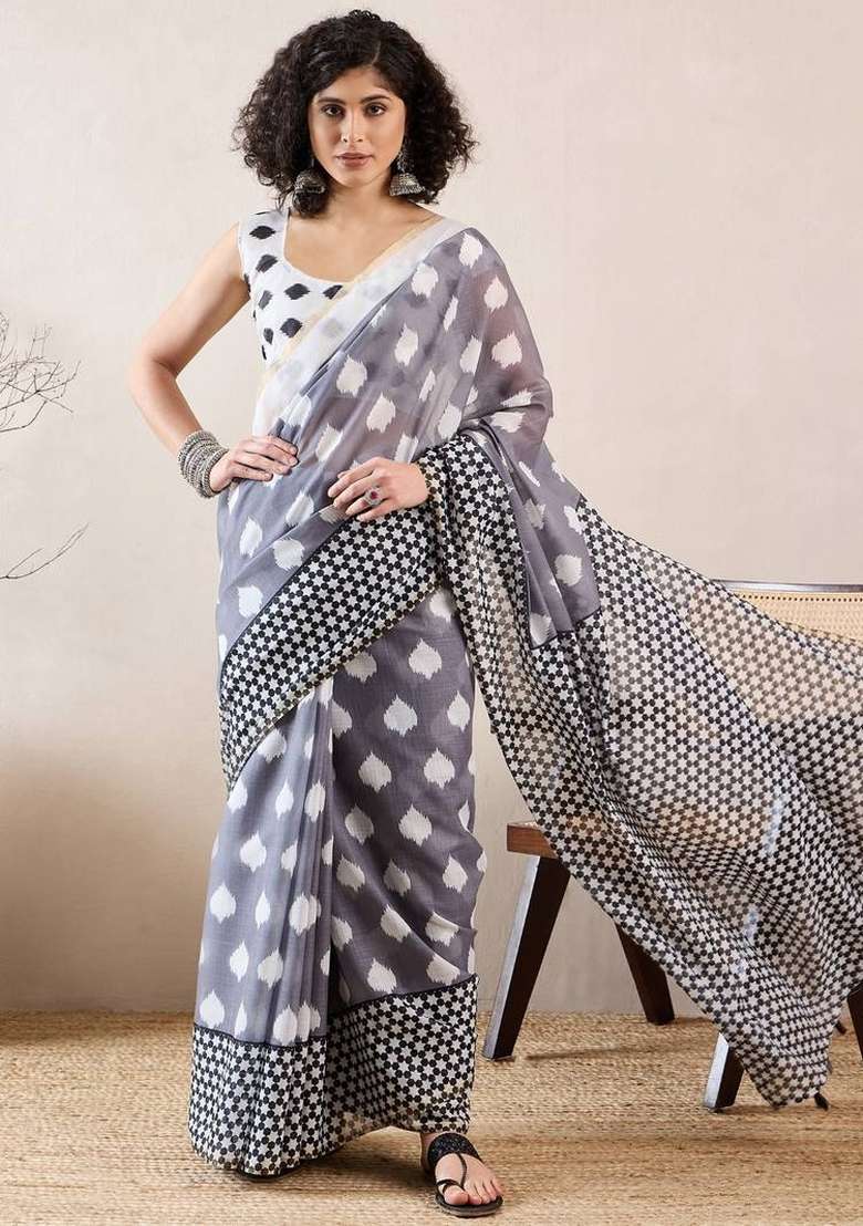 Grey Printed Linen Saree Set for Diwali and Festive Wear - Indya