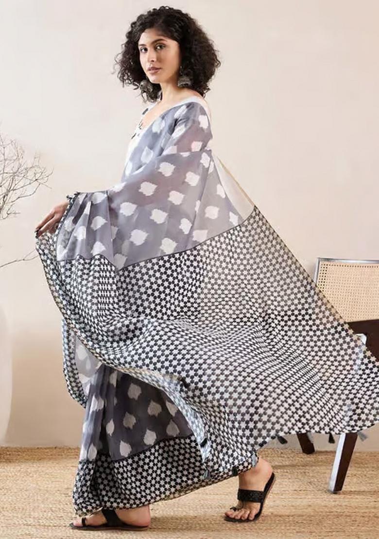 Grey Printed Linen Saree Set - Indya