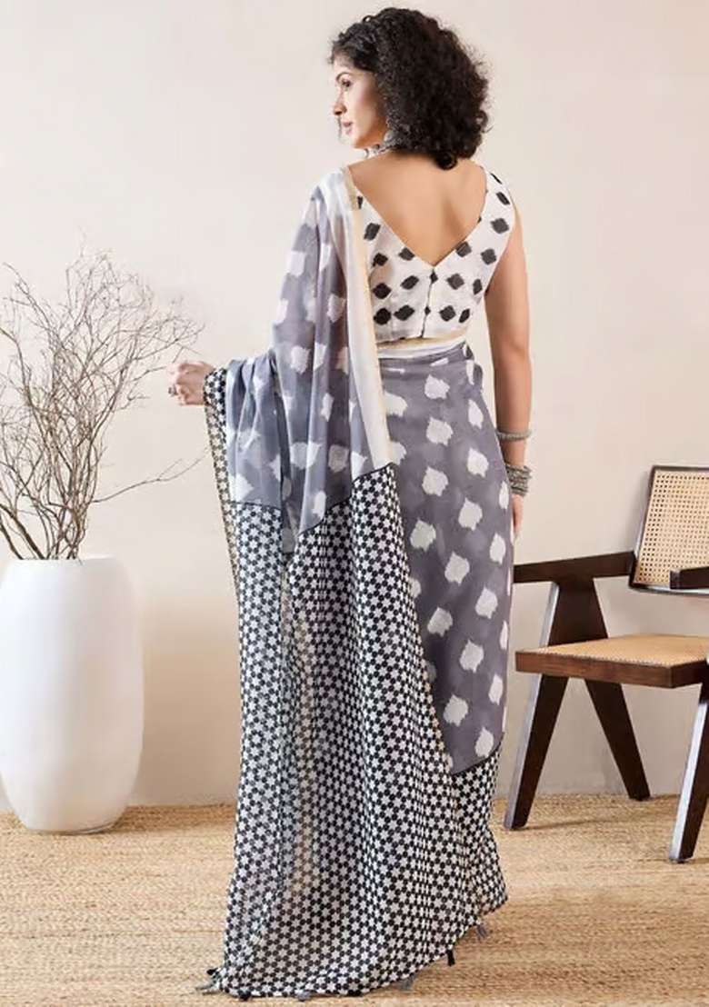 Grey Printed Linen Saree Set for Diwali and Festive Wear - Indya