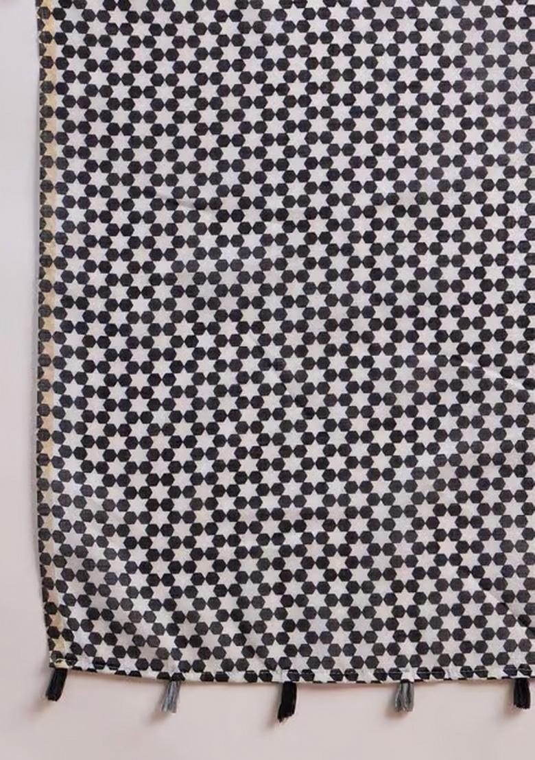 Grey Printed Linen Saree Set - Indya