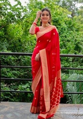 Red Jacquard Silk Saree Set