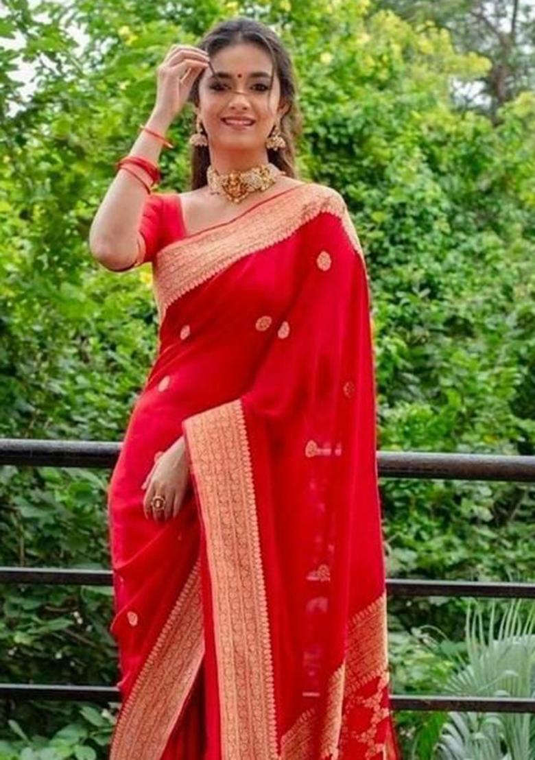 Red Jacquard Silk Saree Set - Indya