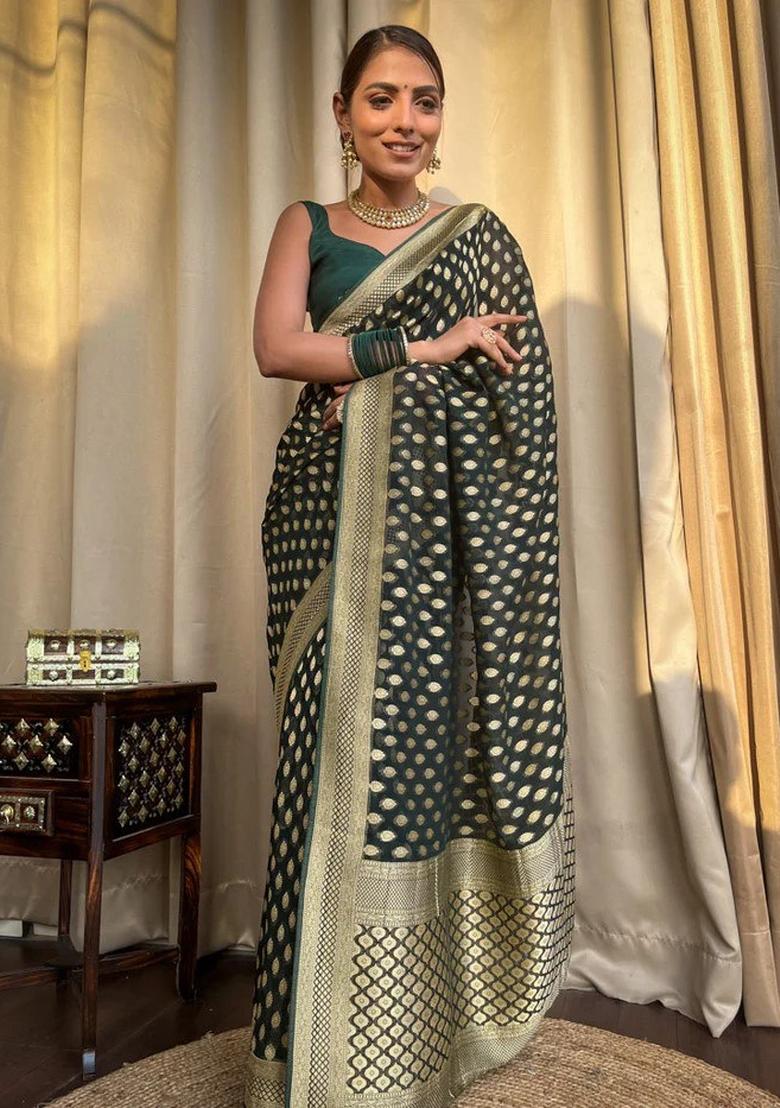 Green Zari Work Silk Saree Set - Indya