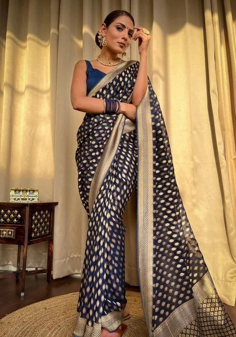 Navy Blue Zari Work Silk Saree Set