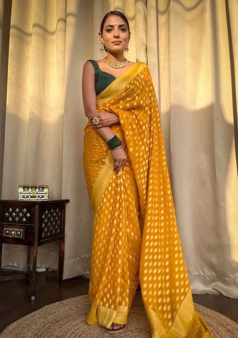 Yellow Zari Work Silk Blend Saree Set for Diwali and Festive Wear - Indya