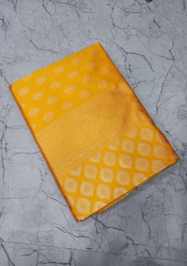 Yellow Zari Work Silk Blend Saree Set for Diwali and Festive Wear - Indya
