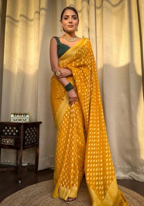 Yellow Zari Work Silk Blend Saree Set