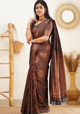 Brown Jacquard Silk Saree Set