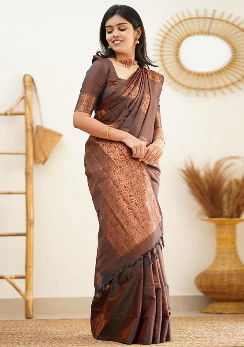 Brown Jacquard Silk Saree Set - Indya