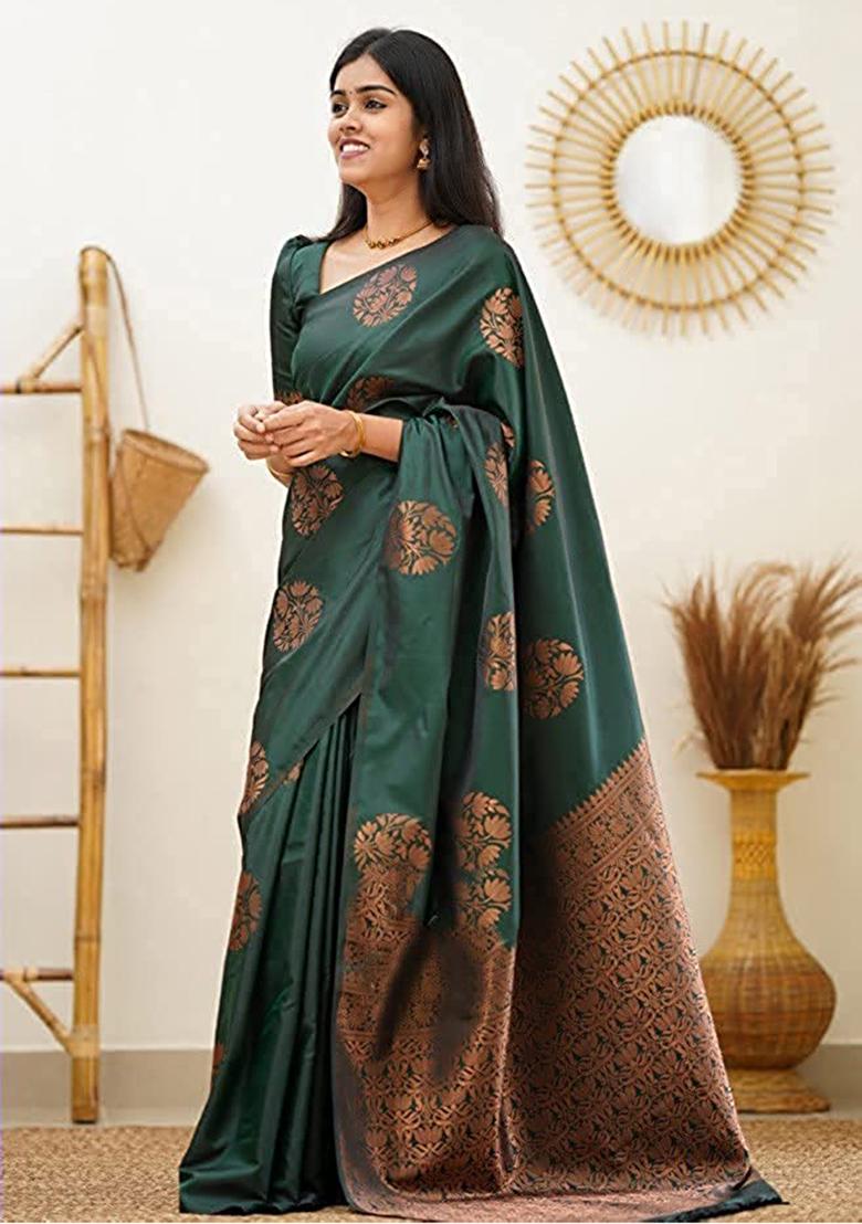 Green Jacquard Silk Saree Set - Indya